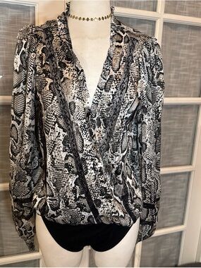 Forever 21 Black and White Snake-Print Wrap Blouse